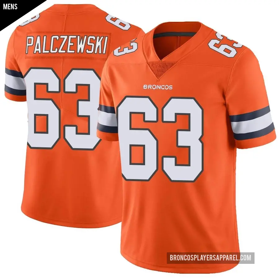 Men&#039;s Denver Broncos &#65283;63 Alex Palczewski Orange Limited Color Rush Vapor Untouchable Jersey