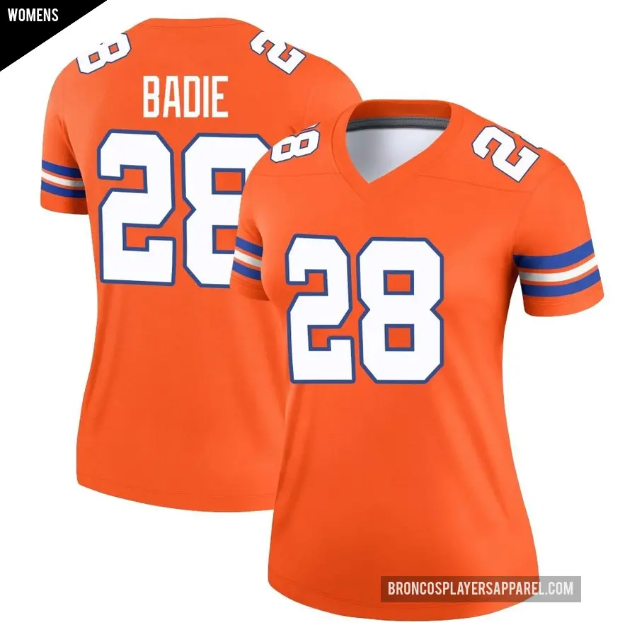 Women's Denver Broncos ＃28 Tyler Badie Orange Legend Alternate Mile High Collection 1977 Throwback Jersey