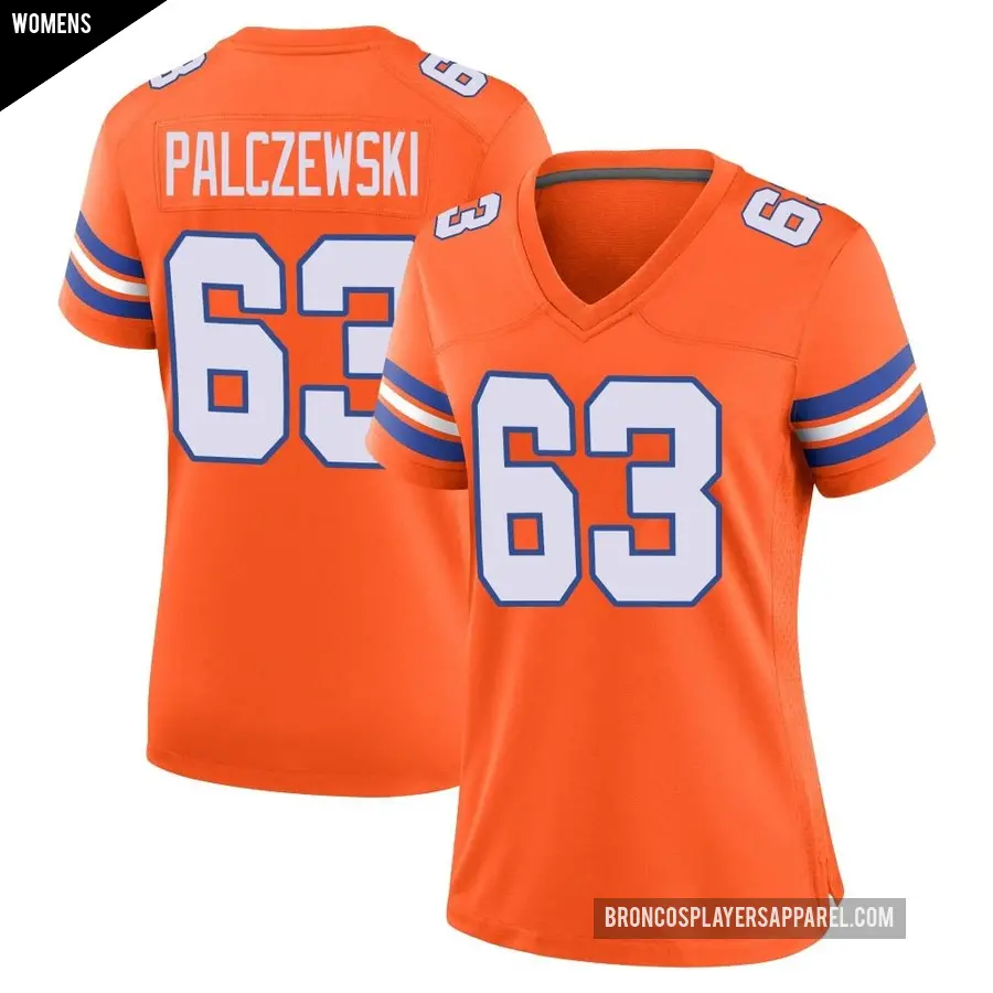 Women's Denver Broncos ＃63 Alex Palczewski Orange Game Alternate Mile High Collection 1977 Throwback Jersey