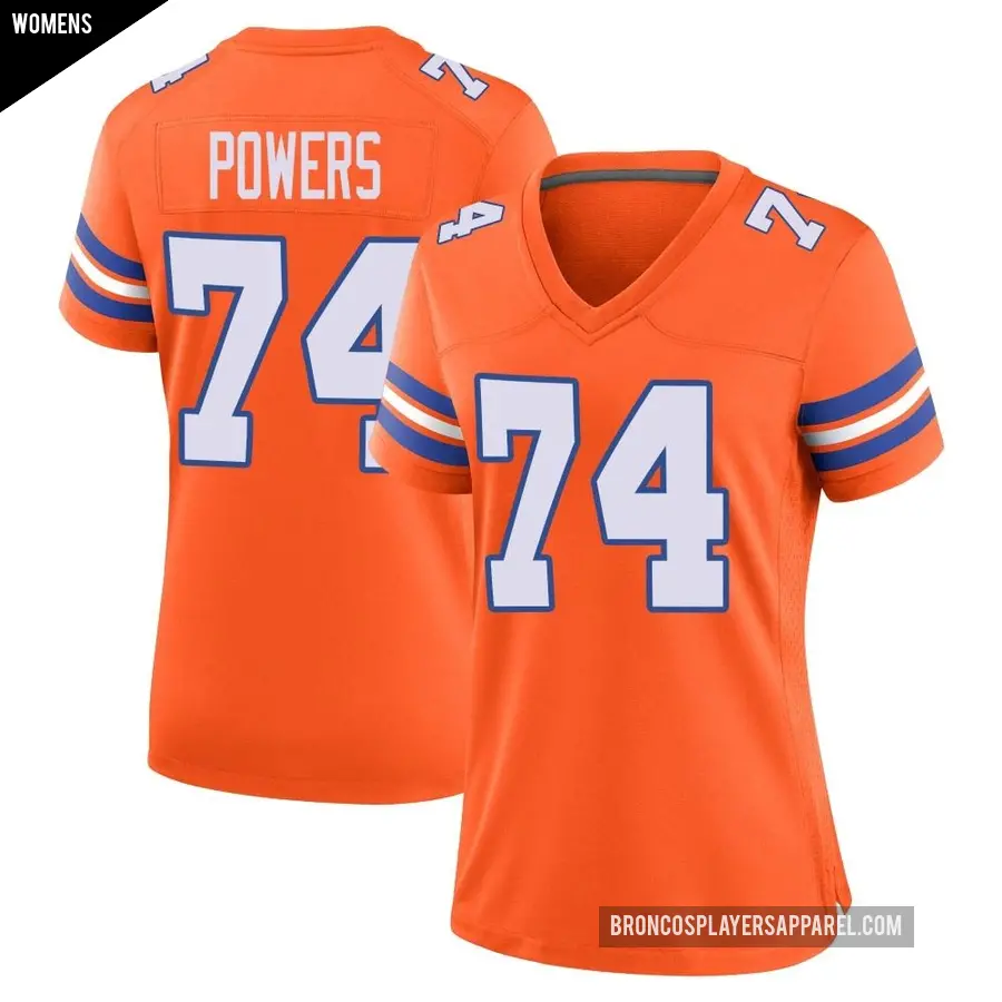 Women's Denver Broncos ＃74 Ben Powers Orange Game Alternate Mile High Collection 1977 Throwback Jersey