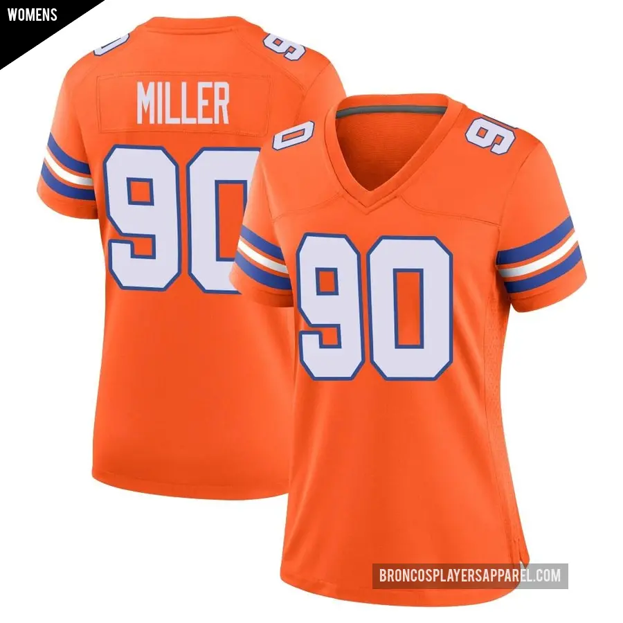 Women&#039;s Denver Broncos &#65283;90 Jordan Miller Orange Game Alternate Mile High Collection 1977 Throwback Jersey