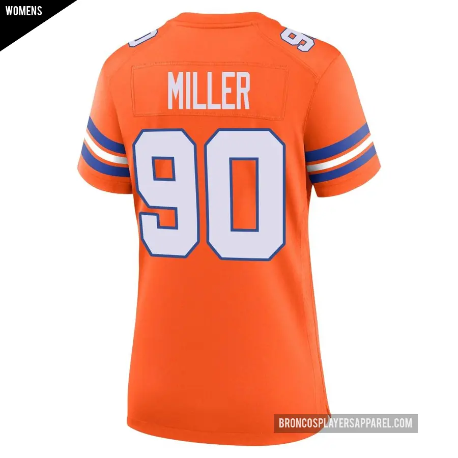 Women&#039;s Denver Broncos &#65283;90 Jordan Miller Orange Game Alternate Mile High Collection 1977 Throwback Jersey