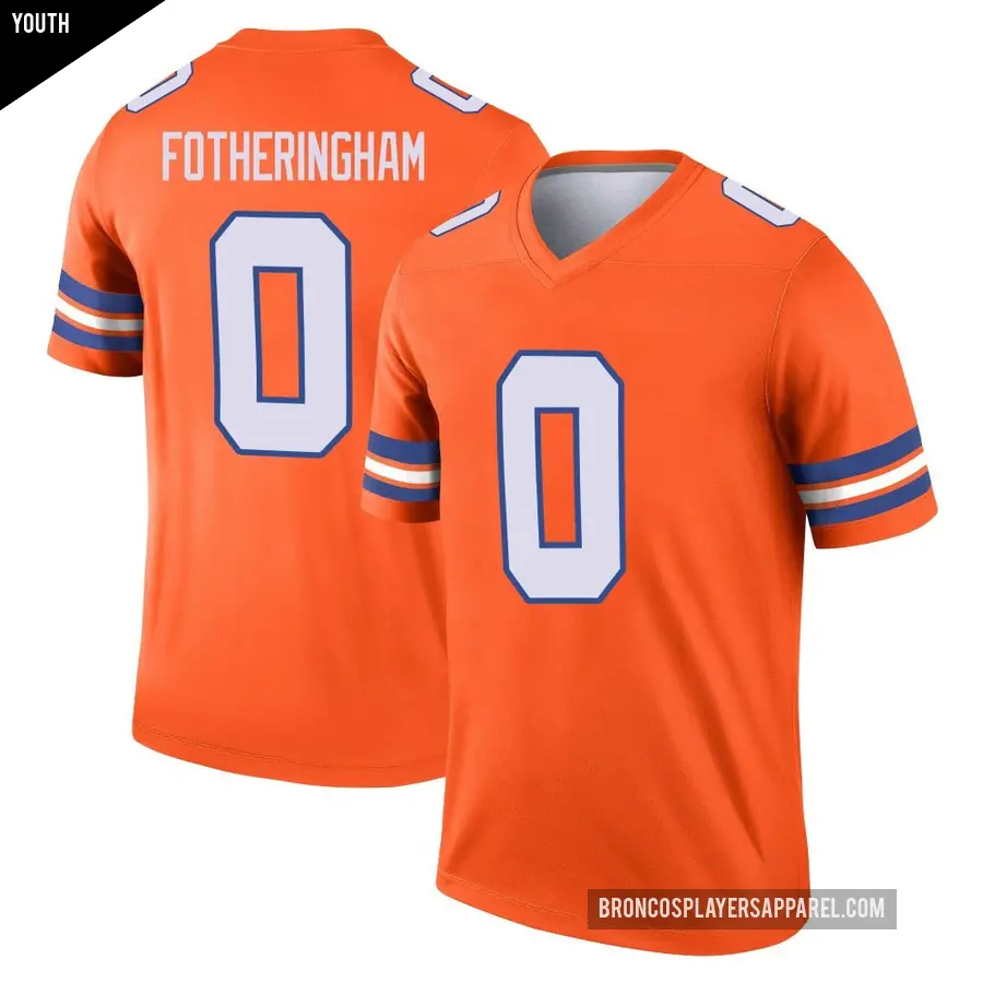 Youth Denver Broncos ＃0 Cole Fotheringham Orange Legend Alternate Mile High Collection 1977 Throwback Jersey