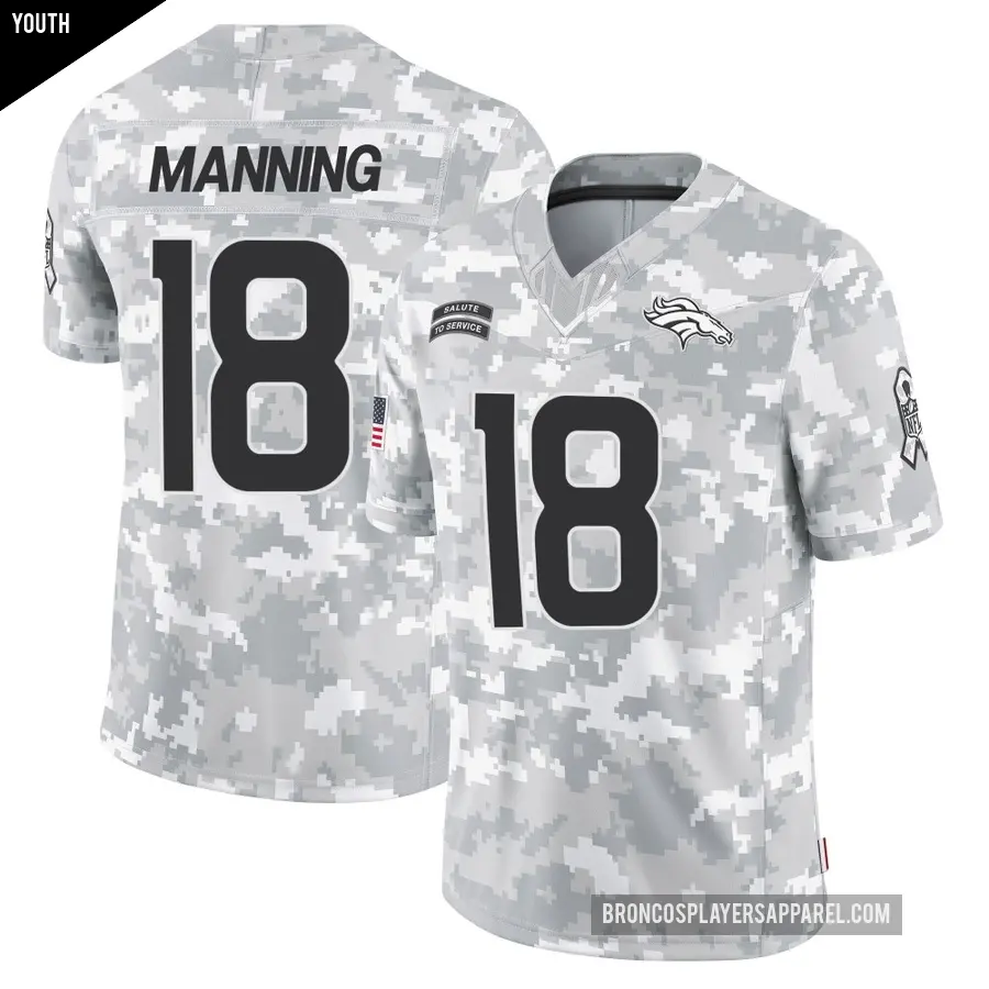 Youth Denver Broncos ＃18 Peyton Manning Arctic Camo Limited 2024 Salute to Service Jersey