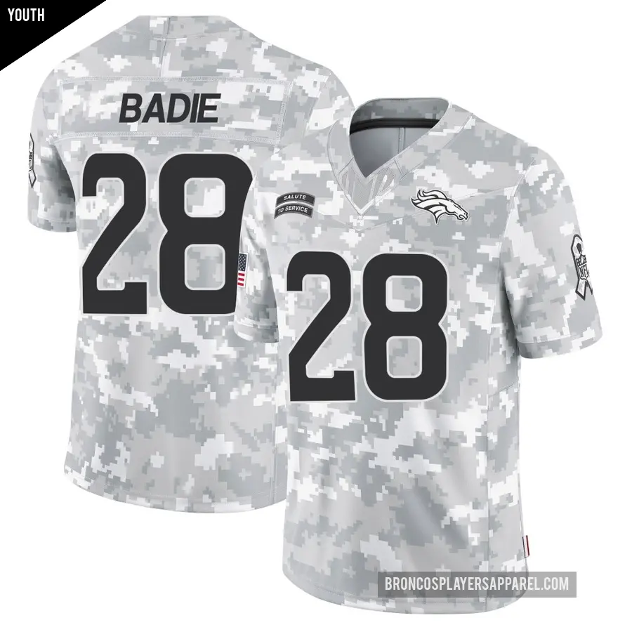 Youth Denver Broncos ＃28 Tyler Badie Arctic Camo Limited 2024 Salute to Service Jersey
