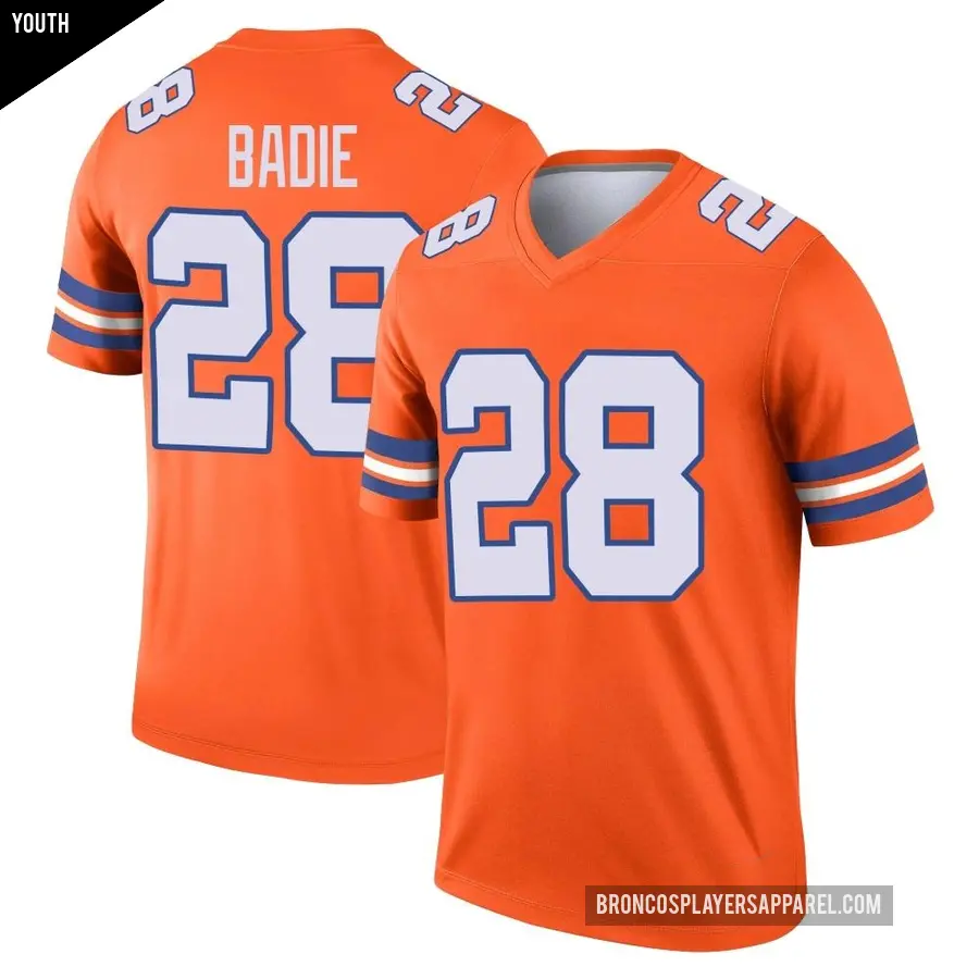 Youth Denver Broncos ＃28 Tyler Badie Orange Legend Alternate Mile High Collection 1977 Throwback Jersey